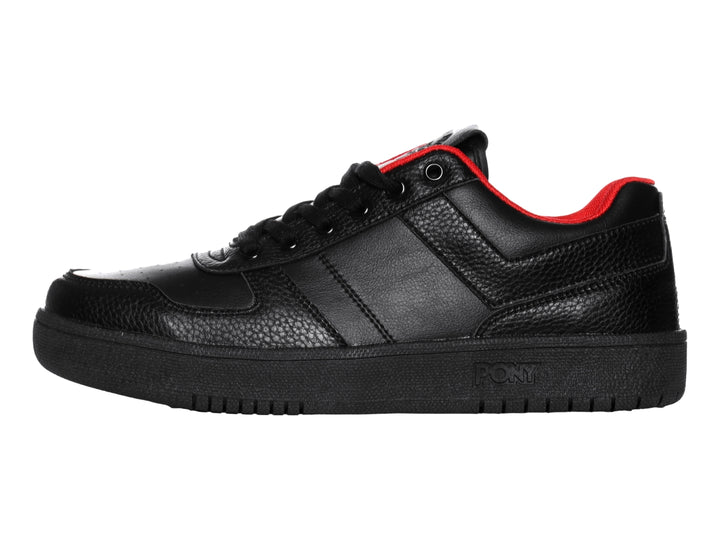 Tenis PONY color negro con interior rojo, diseño deportivo de corte bajo y suela gruesa.
