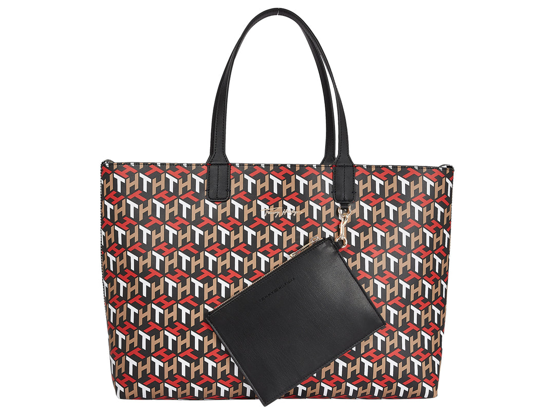 Bolsa de hombro Tommy Hilfiger con estampado de monograma multicolor y cartera pequeña negra a juego.