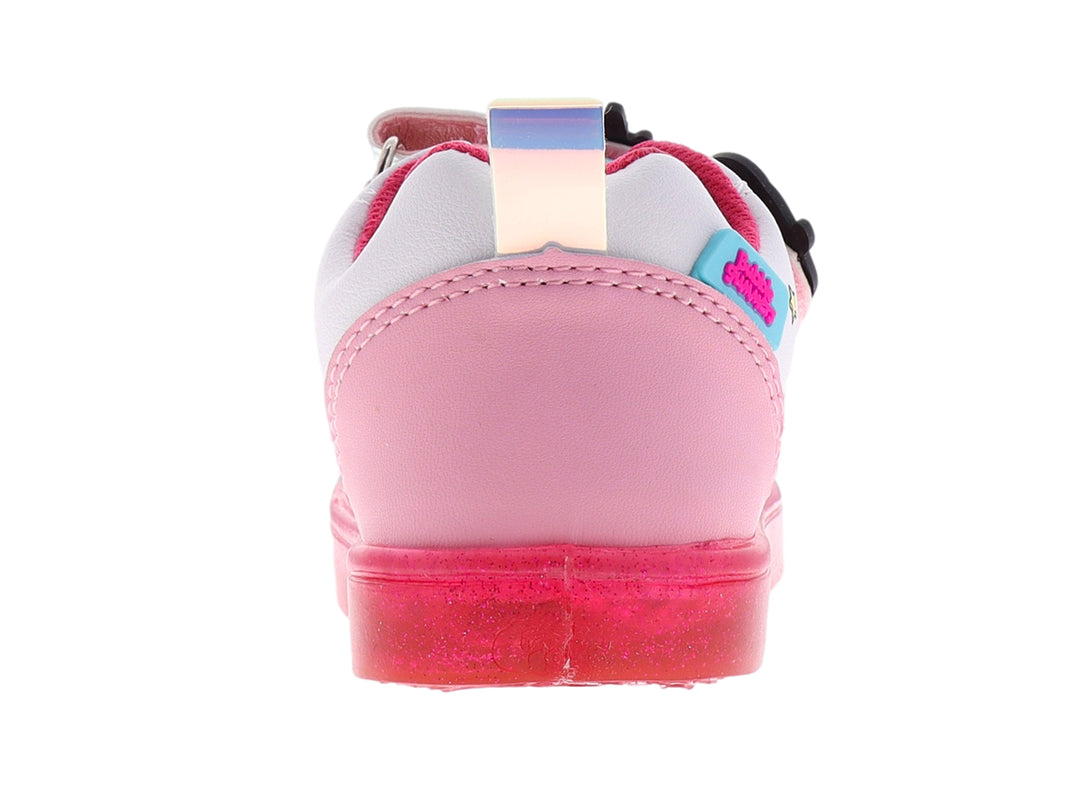 Zapato deportivo infantil multicolor con diseño de unicornio, arcoíris y suela rosa brillante.