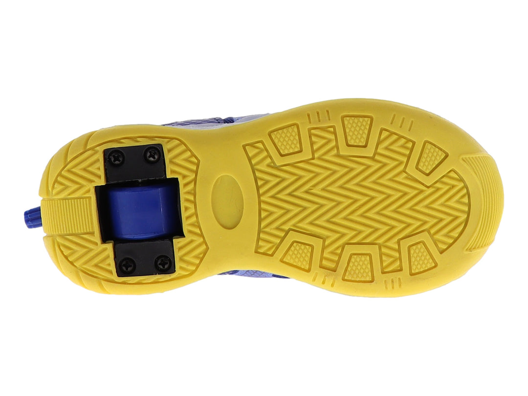 Tenis deportivos infantiles color azul y amarillo con detalles multicolores y suela gris translúcida.