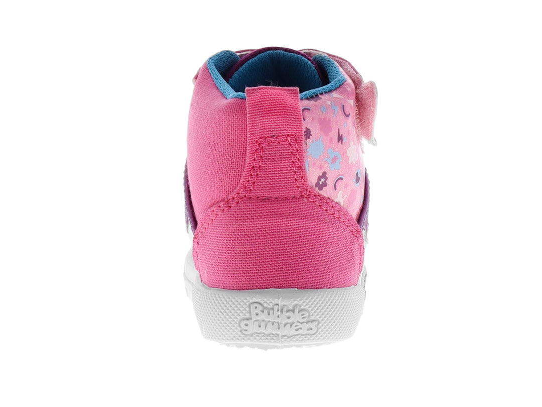 Tenis infantiles color fiusha con detalles en turquesa y blanco, con agujetas y acabado brillante.