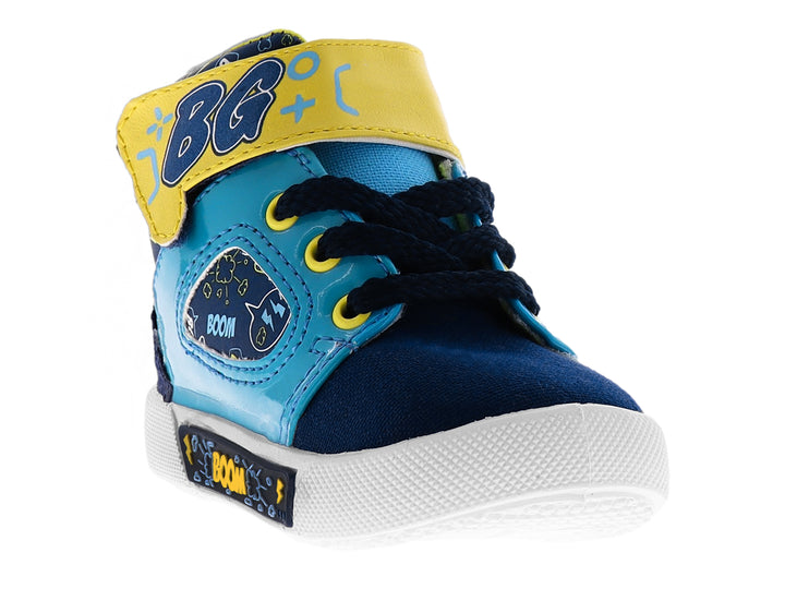 Zapato infantil Bubble Gummers modelo Nobel Miami en colores azul marino, celeste y amarillo con suela blanca.