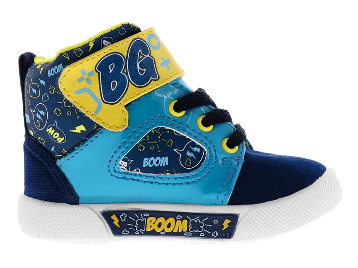 Zapato infantil Bubble Gummers modelo Nobel Miami en colores azul marino, celeste y amarillo con suela blanca.