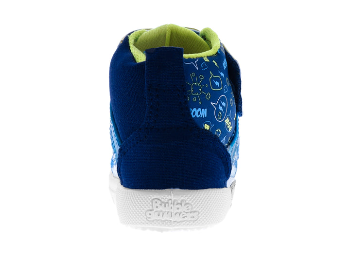 Zapato infantil Bubble Gummers modelo Nobel Miami en colores azul marino, celeste y amarillo con suela blanca.