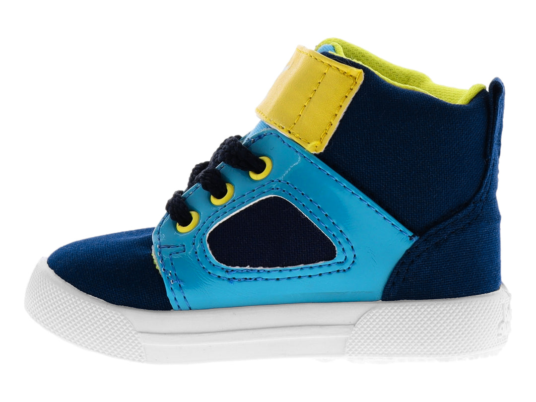 Zapato infantil Bubble Gummers modelo Nobel Miami en colores azul marino, celeste y amarillo con suela blanca.