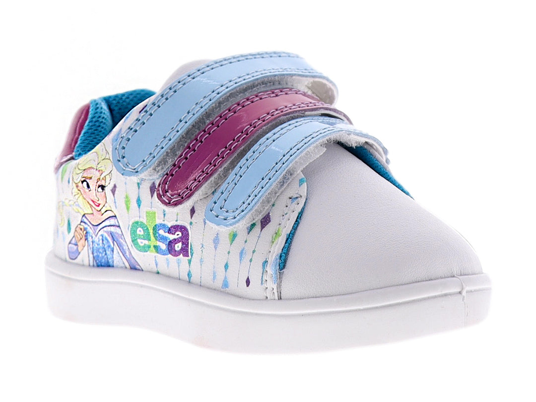 Tenis blancos y azules para niña con diseño de Elsa de Frozen y cierres de velcro.