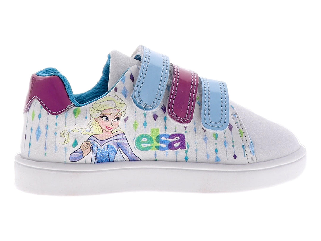 Tenis blancos y azules para niña con diseño de Elsa de Frozen y cierres de velcro.