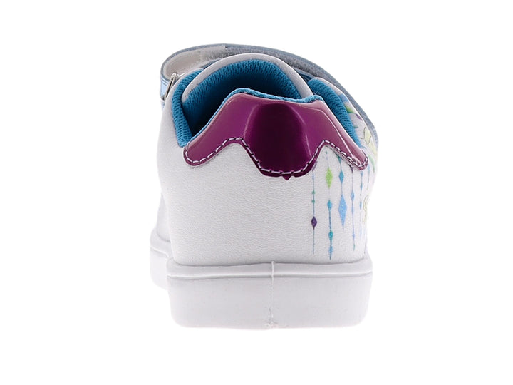Tenis blancos y azules para niña con diseño de Elsa de Frozen y cierres de velcro.