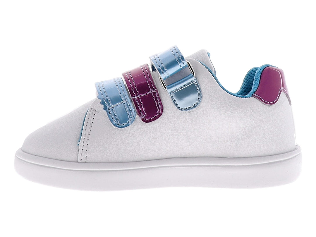 Tenis blancos y azules para niña con diseño de Elsa de Frozen y cierres de velcro.