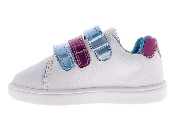 Tenis blancos y azules para niña con diseño de Elsa de Frozen y cierres de velcro.