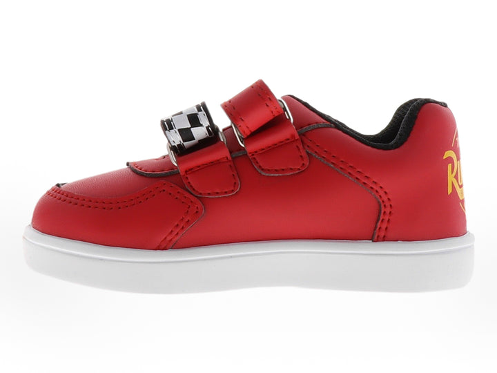 Zapato infantil rojo de Rayo McQueen con cierre de velcro y suela blanca.