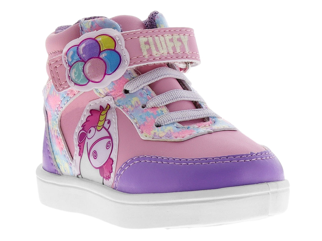Zapato tipo botín para niña en colores rosa y lila con diseño de unicornio, detalles brillantes y suela blanca.