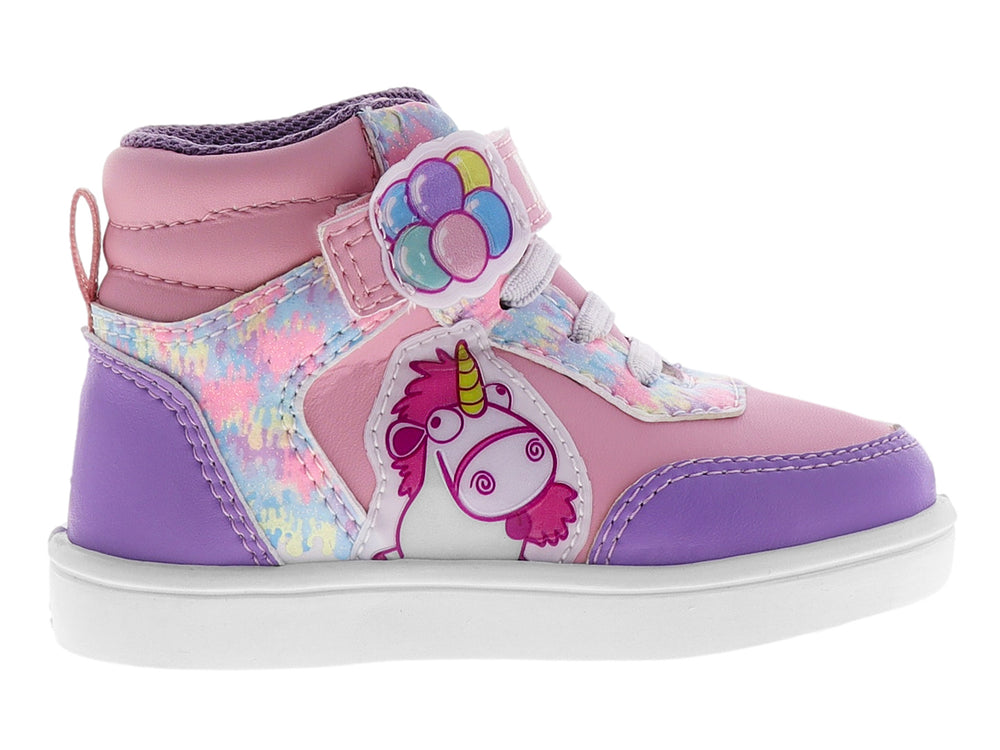 Zapato tipo botín para niña en colores rosa y lila con diseño de unicornio, detalles brillantes y suela blanca.