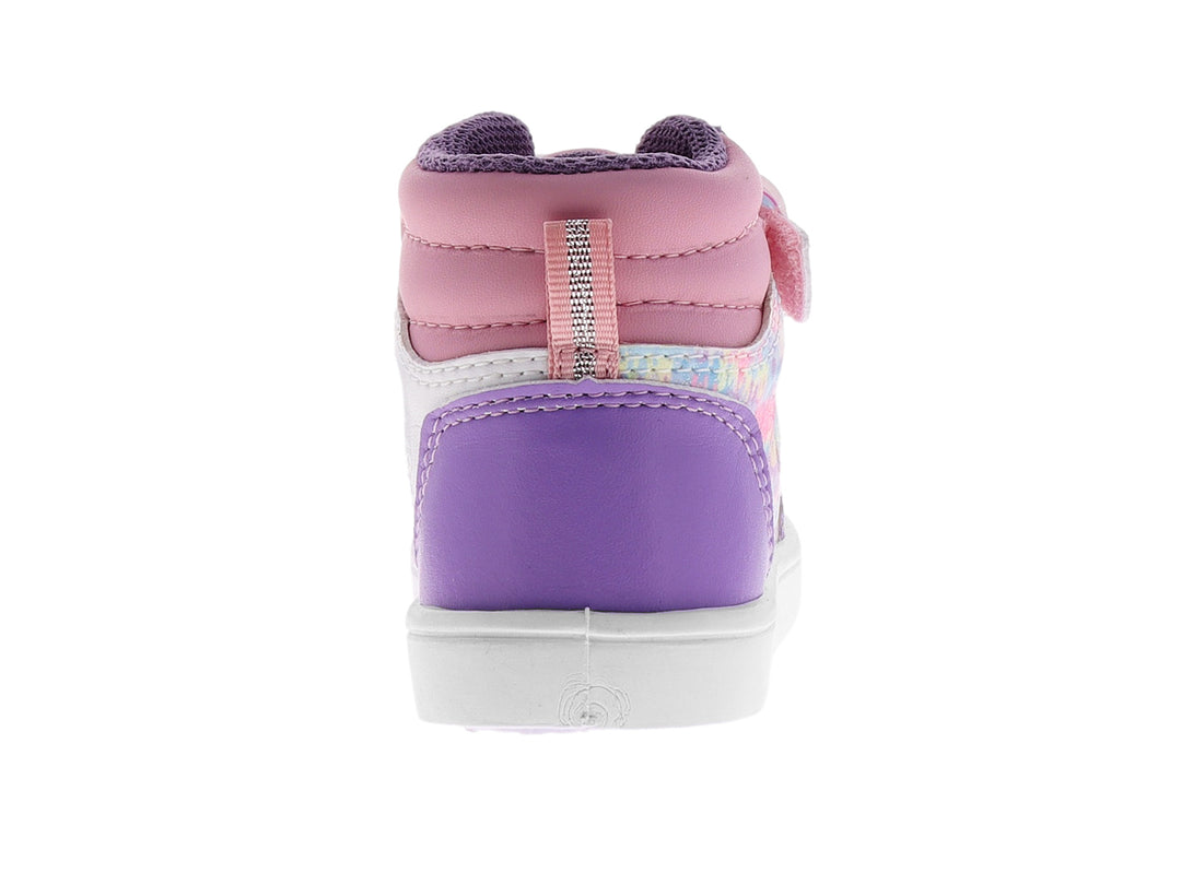 Zapato tipo botín para niña en colores rosa y lila con diseño de unicornio, detalles brillantes y suela blanca.