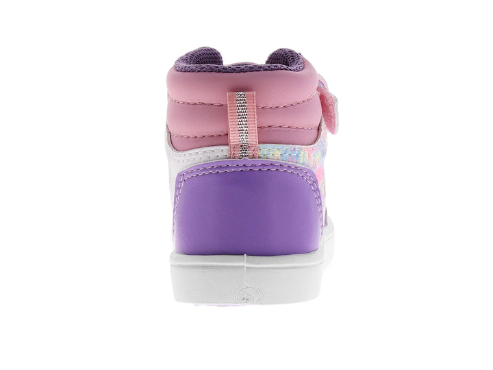 Zapato tipo botín para niña en colores rosa y lila con diseño de unicornio, detalles brillantes y suela blanca.