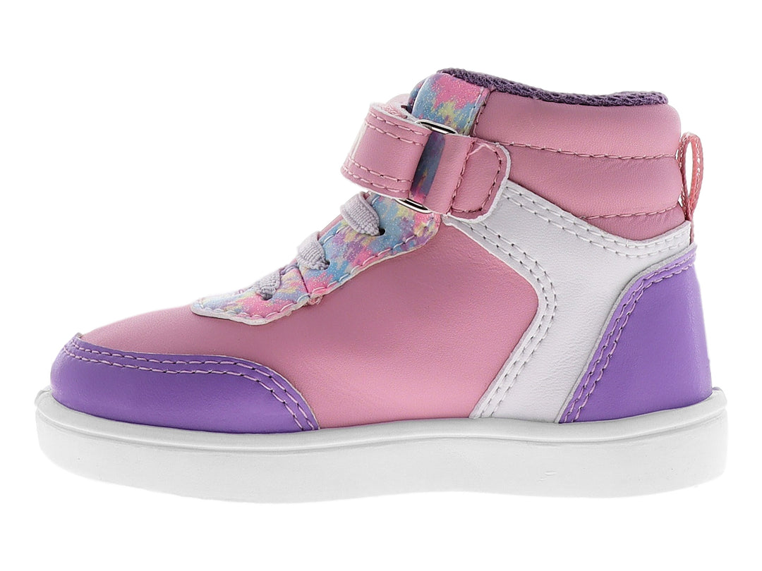 Zapato tipo botín para niña en colores rosa y lila con diseño de unicornio, detalles brillantes y suela blanca.