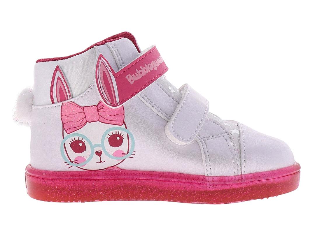 Tenis infantiles blancos con detalles en fucsia, cierres de velcro y diseño de personaje en el lateral.