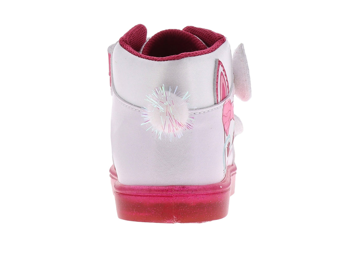 Tenis infantiles blancos con detalles en fucsia, cierres de velcro y diseño de personaje en el lateral.