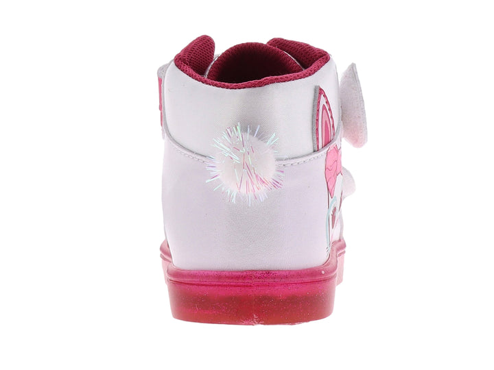 Tenis infantiles blancos con detalles en fucsia, cierres de velcro y diseño de personaje en el lateral.