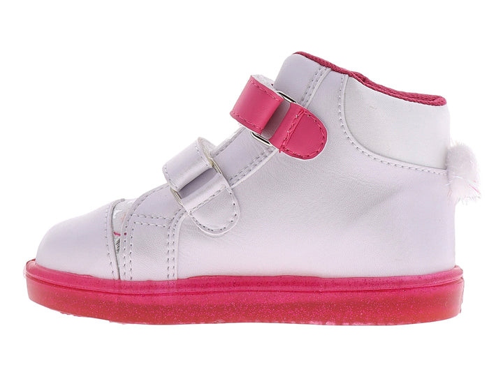Tenis infantiles blancos con detalles en fucsia, cierres de velcro y diseño de personaje en el lateral.