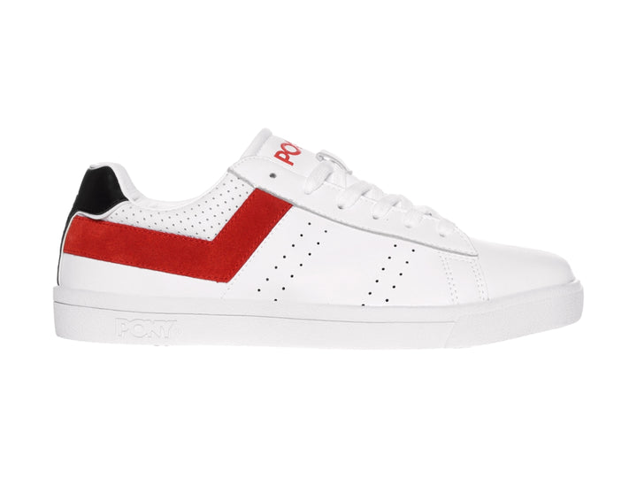 Tenis PONY blancos con franja roja lateral y detalle negro en el talón.