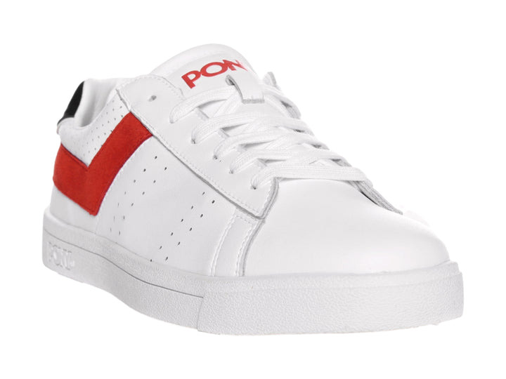 Tenis PONY blancos con franja roja lateral y detalle negro en el talón.
