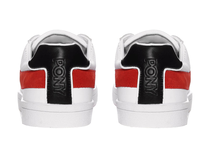 Tenis PONY blancos con franja roja lateral y detalle negro en el talón.