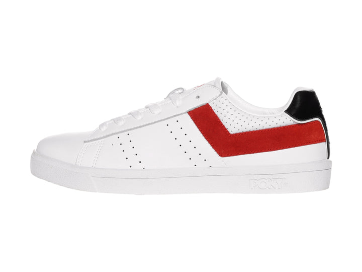 Tenis PONY blancos con franja roja lateral y detalle negro en el talón.