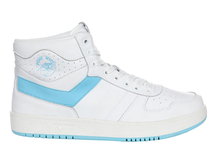 Tenis PONY City Wings HI color blanco con detalles y suela en azul claro.
