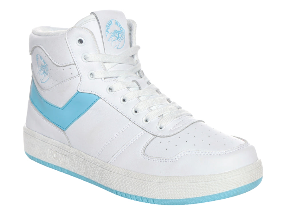 Tenis PONY City Wings HI color blanco con detalles y suela en azul claro.