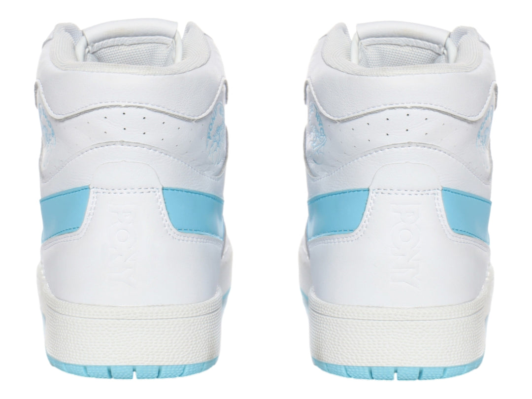 Tenis PONY City Wings HI color blanco con detalles y suela en azul claro.