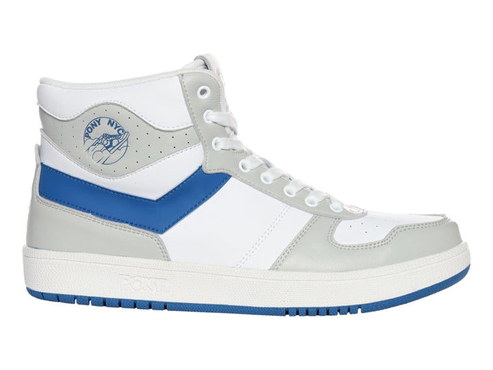 Tenis PONY City Wings HI de corte alto en colores blanco, gris y azul.