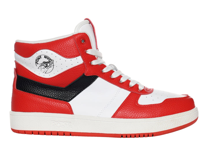 Tenis PONY de bota alta en colores rojo, blanco y negro con suela blanca.