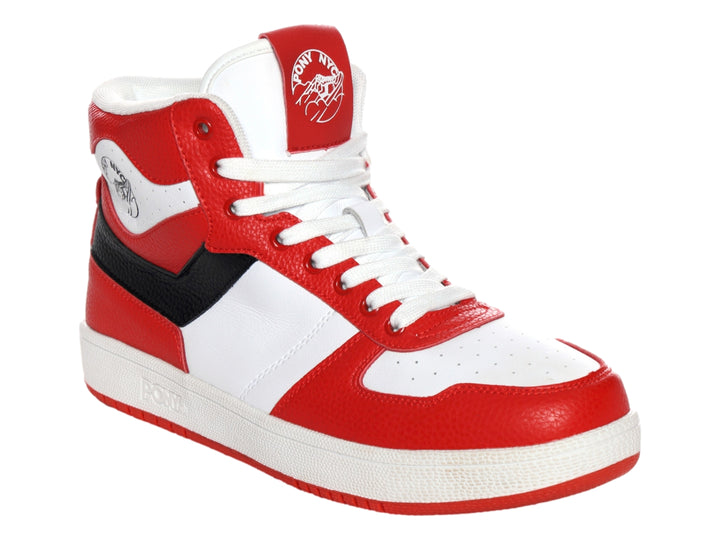 Tenis PONY de bota alta en colores rojo, blanco y negro con suela blanca.