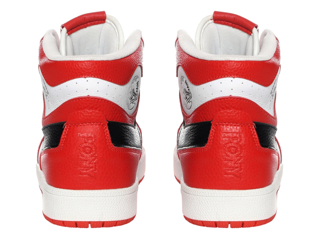 Tenis PONY de bota alta en colores rojo, blanco y negro con suela blanca.