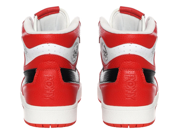 Tenis PONY de bota alta en colores rojo, blanco y negro con suela blanca.