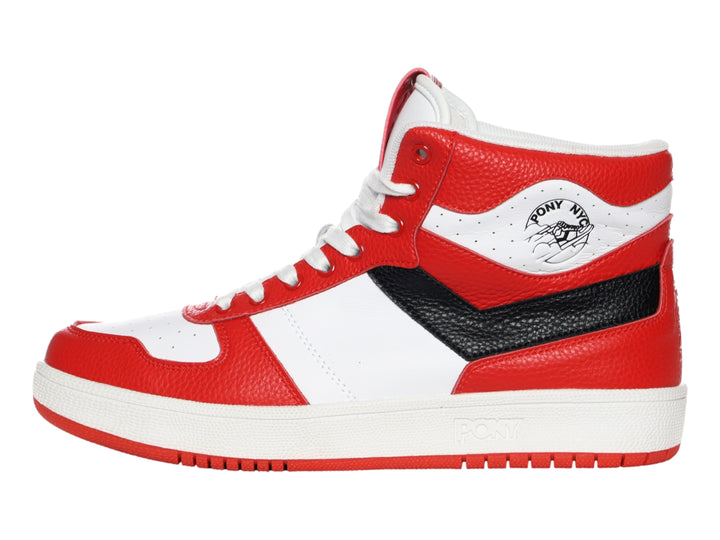 Tenis PONY de bota alta en colores rojo, blanco y negro con suela blanca.
