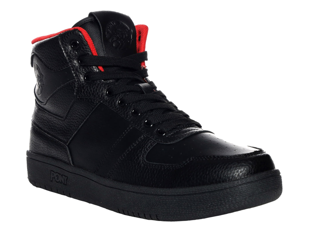 Tenis botín PONY color negro con interior rojo y textura rugosa.