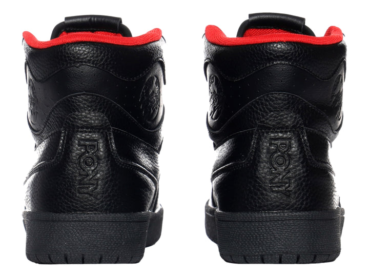 Tenis botín PONY color negro con interior rojo y textura rugosa.