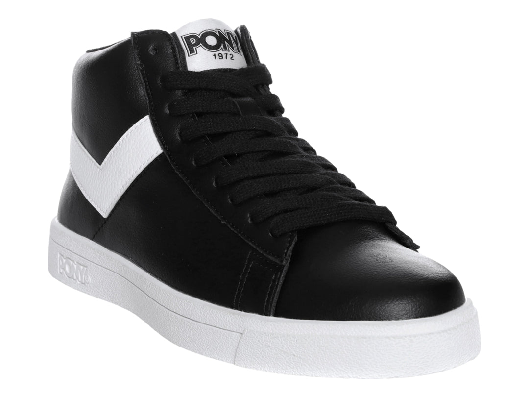 Tenis PONY de bota color negro con detalle en V blanco y suela blanca.