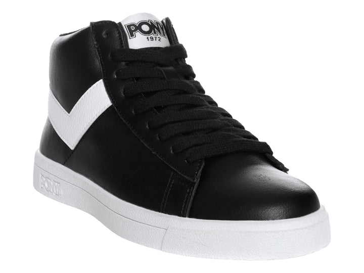 Tenis PONY de bota color negro con detalle en V blanco y suela blanca.