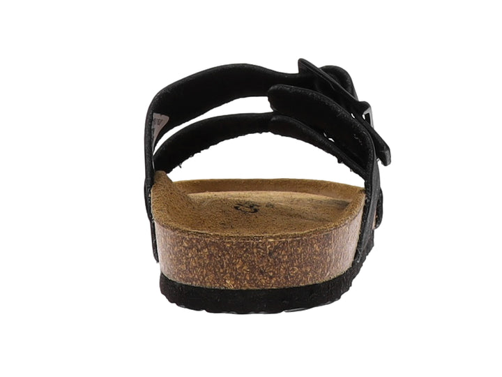 Sandalia negra de dos correas con hebillas y suela de corcho.