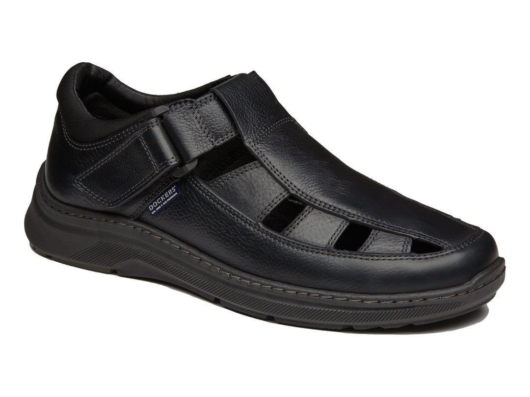 Zapato sandalia Dockers color negro de cuero con aberturas laterales y frontales.