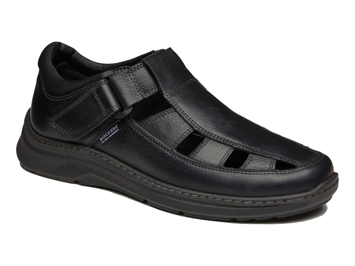 Zapato sandalia Dockers color negro de cuero con aberturas laterales y frontales.