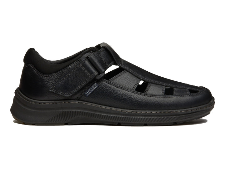 Zapato sandalia Dockers color negro de cuero con aberturas laterales y frontales.