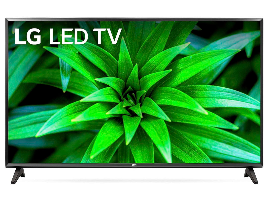Televisor LG Smart TV de 32 pulgadas en color negro con pantalla encendida mostrando una imagen de hojas verdes.