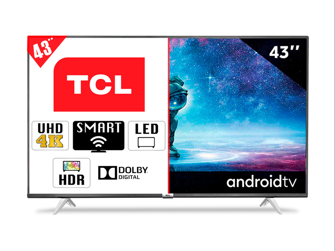 Televisor TCL de 43 pulgadas color negro con resolución 4K y sistema Android TV.