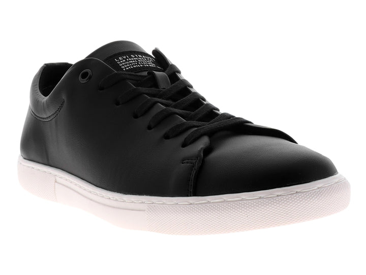 Tenis casuales color negro con suela blanca y agujetas negras.