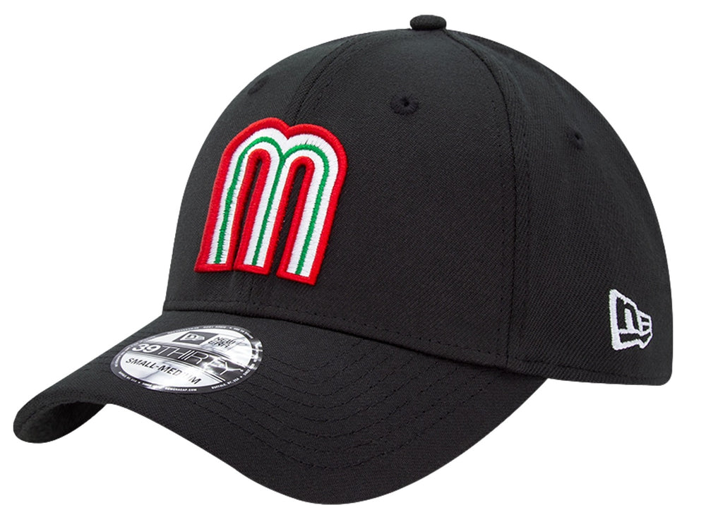 Gorra de béisbol New Era color negro con un logotipo bordado en colores verde, blanco y rojo en el frente.