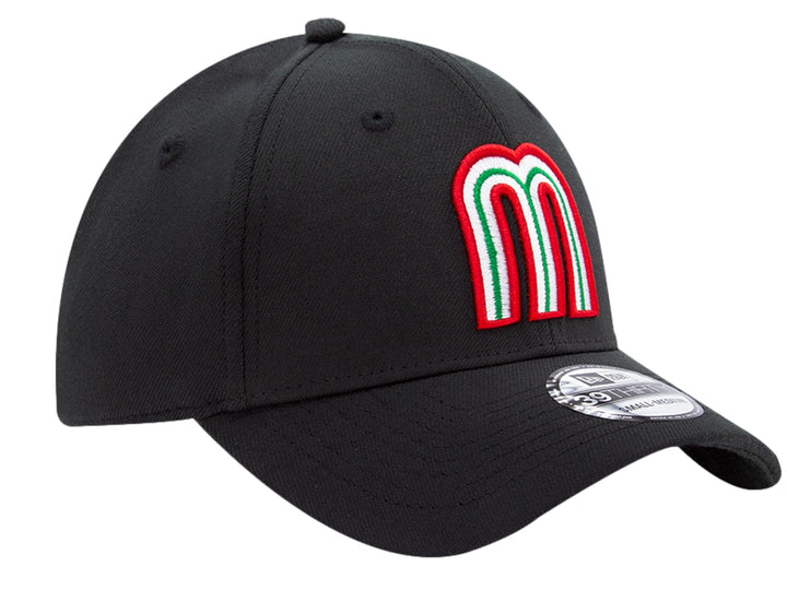 Gorra de béisbol New Era color negro con un logotipo bordado en colores verde, blanco y rojo en el frente.